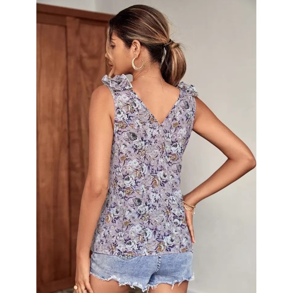 Emory Rose Lavender Purple Floral Tank Ruffle Sleeve Size Medium